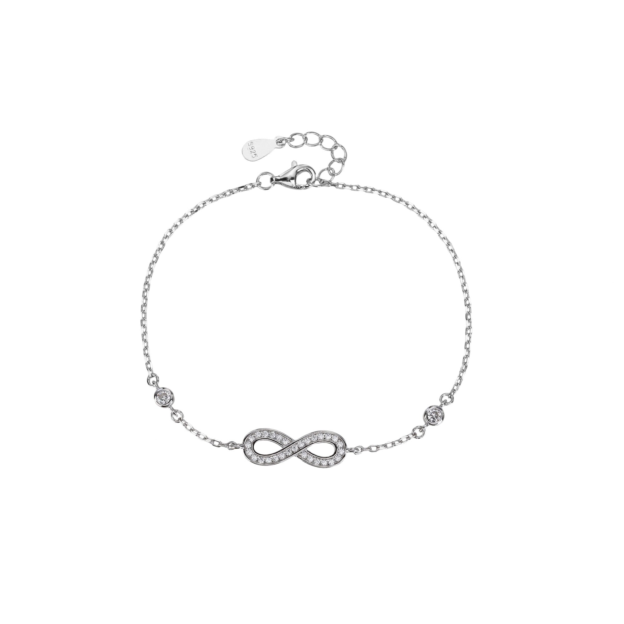 Pulsera sencilla con infinito y circonias biceladas blancas en rodizado
