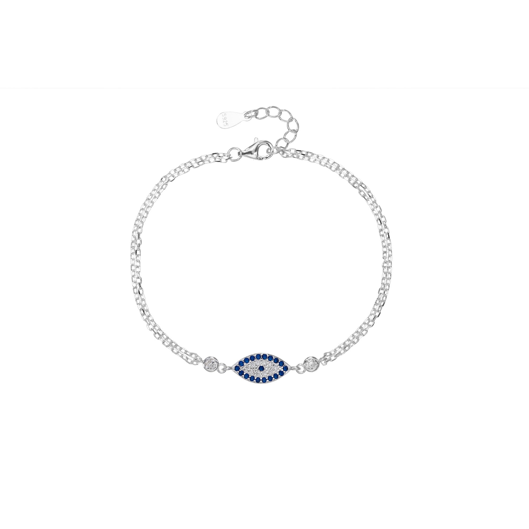 Pulsera doble con ojo turco de micro-pavé azul y circonias biseladas en plateado
