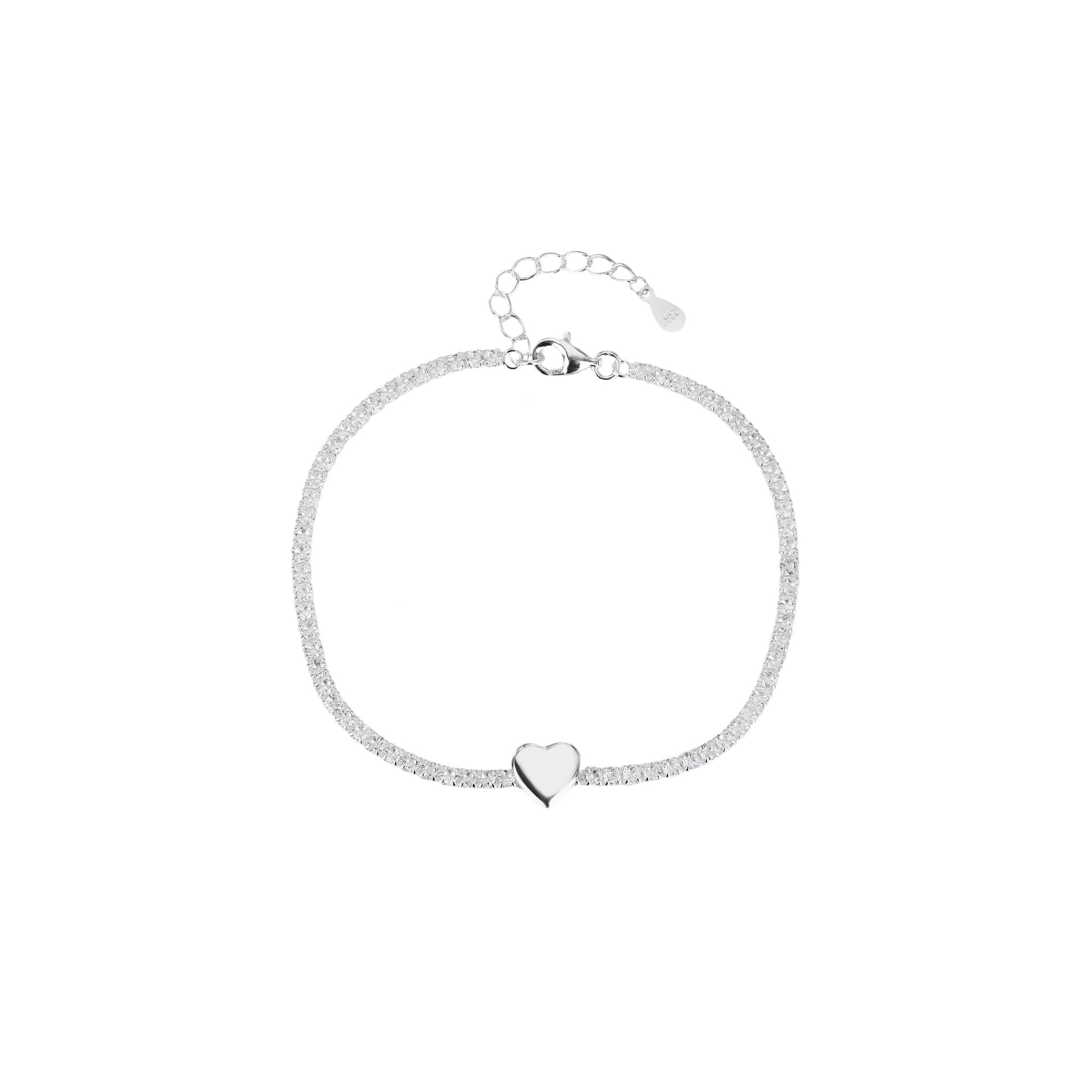 Pulsera de tenis con pasador de corazon liso y circonias blancas en plateado