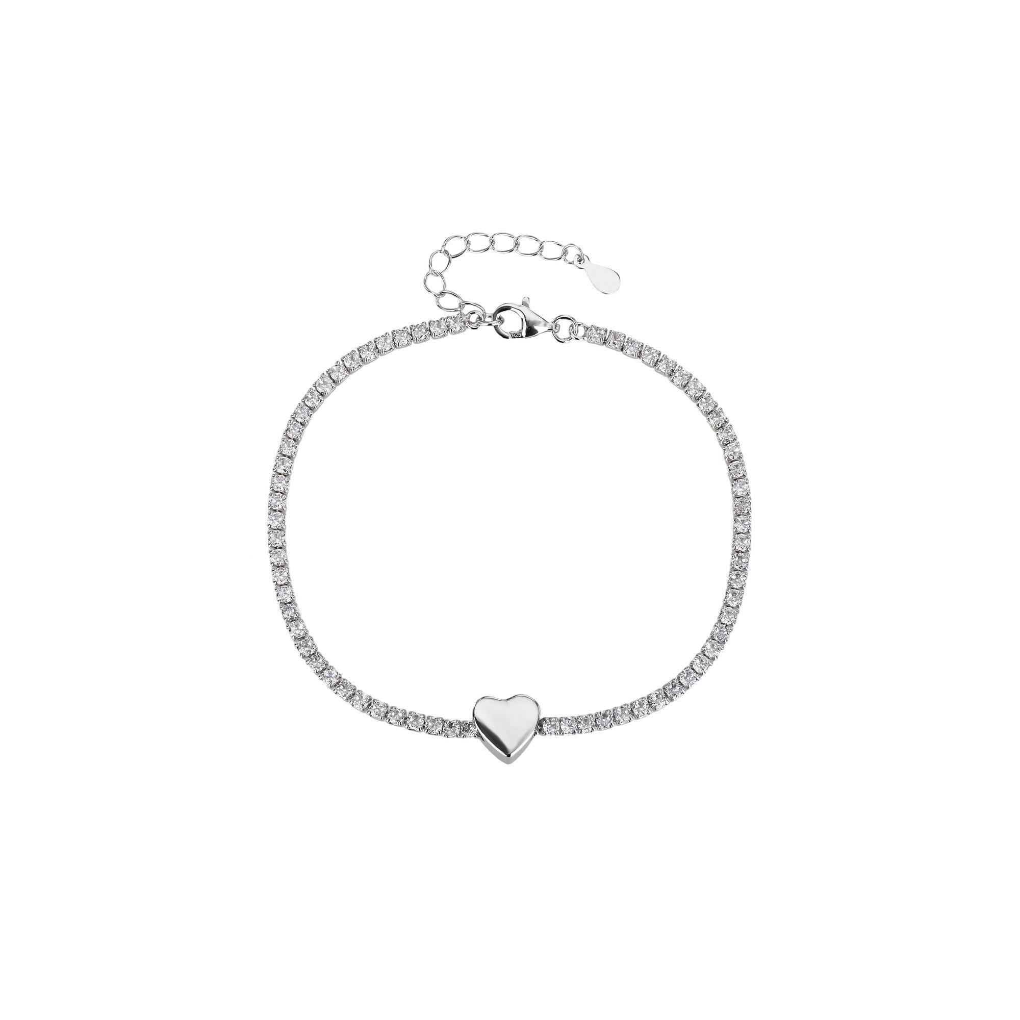 Pulsera de tenis con pasador de corazon liso y circonias blancas en rodizado
