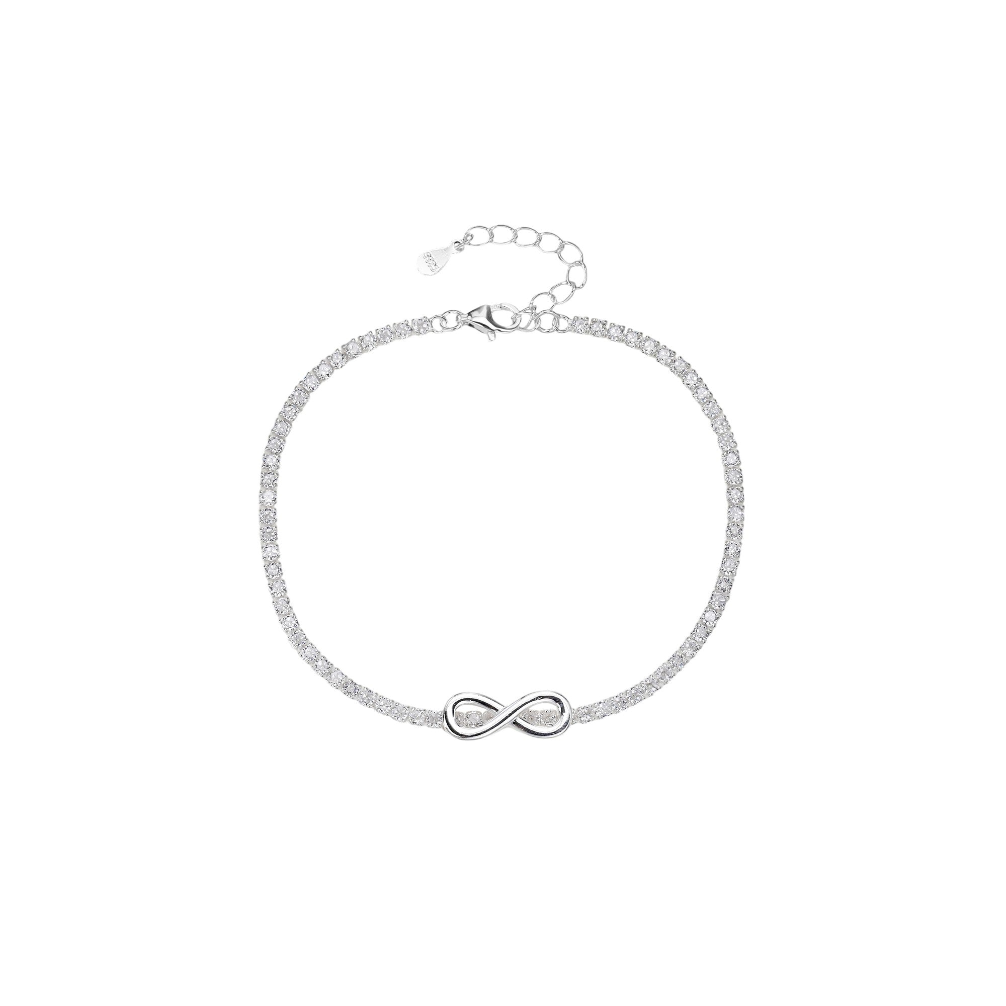Pulsera de tenis con infinito liso y circonias blancas en plateado