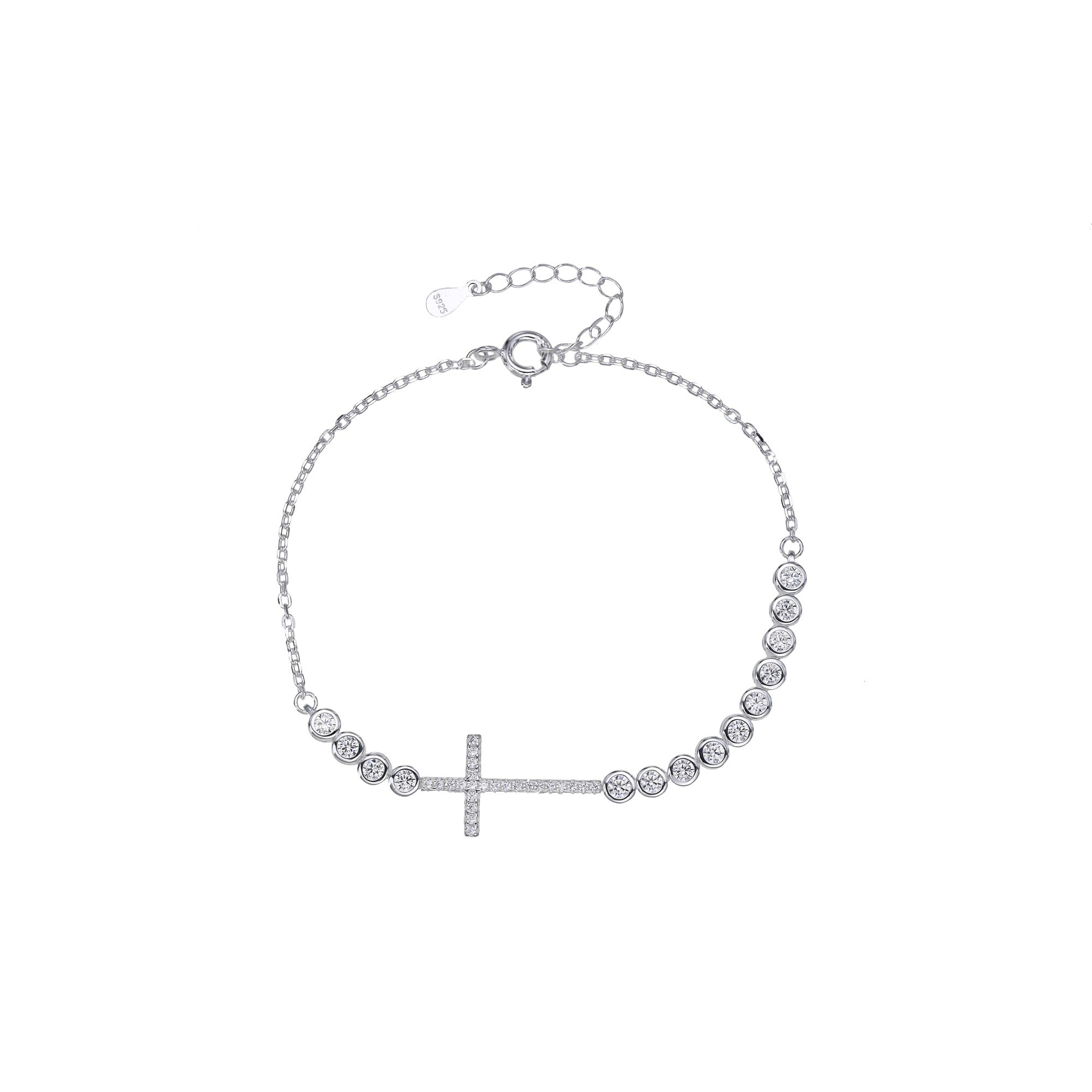 Pulsera sencilla de Cruz con circonia blanca 17+3cm en plateado