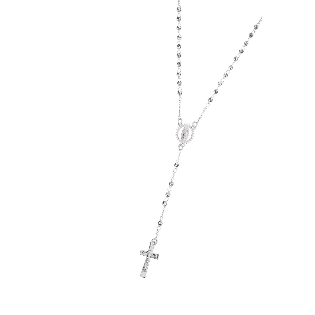 Rosario de Virgen de Guadalupe con circonia blanca 3mm en plateado