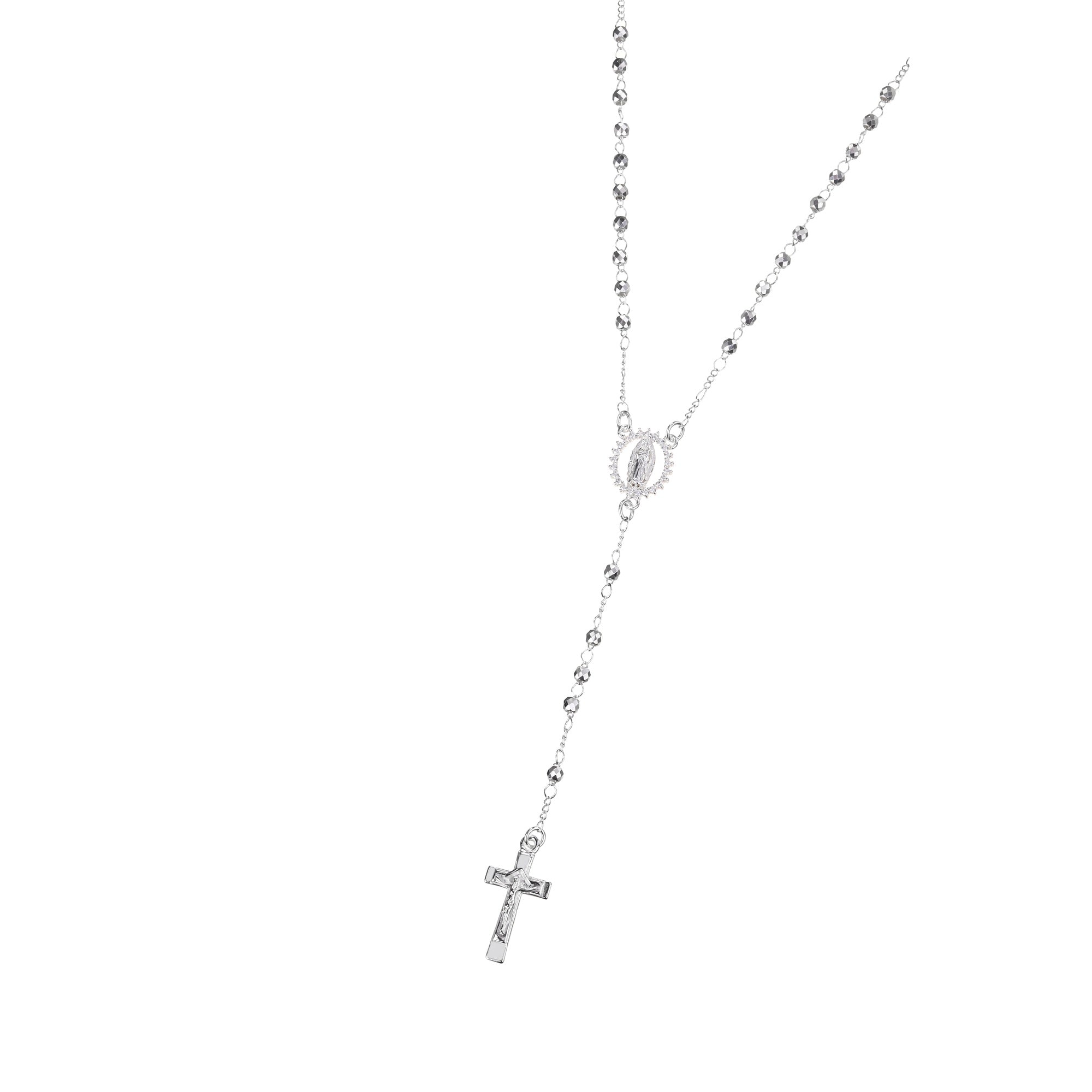 Rosario de Virgen de Guadalupe con circonia blanca 3mm en plateado