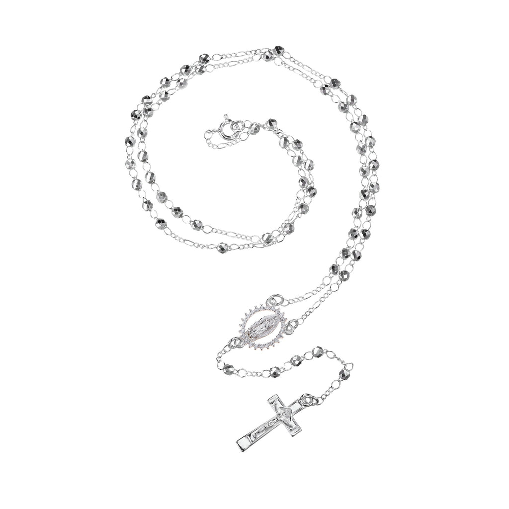 Rosario de Virgen de Guadalupe con circonia blanca 3mm en plateado