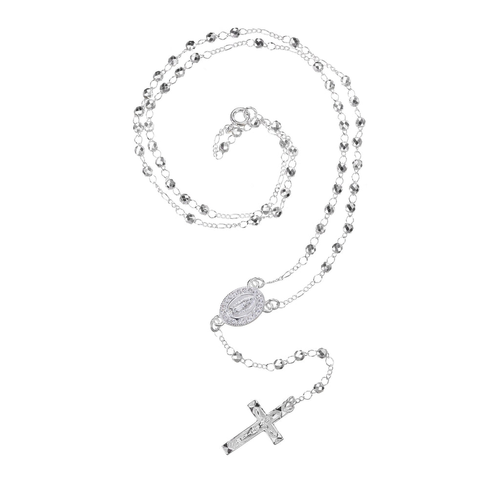 Rosario de Virgen de Guadalupe con circonia blanca 3mm en plateado