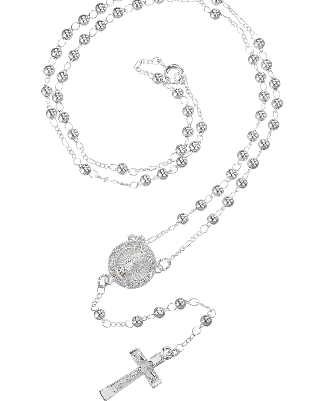 Rosario de Virgen de Guadalupe con circonia blanca 3mm en plateado