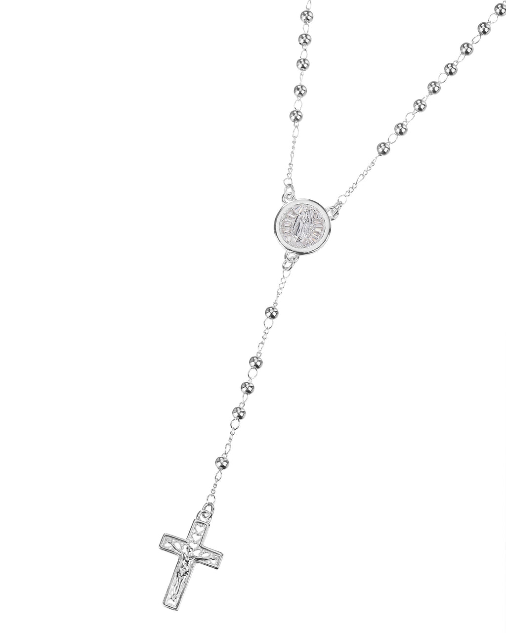 Rosario de Virgen de Guadalupe con circonia blanca 3mm en plateado