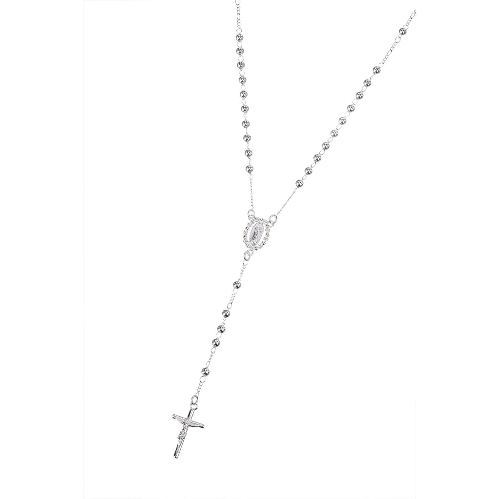 Rosario de Virgen de Guadalupe con circonia blanca 3mm en plateado