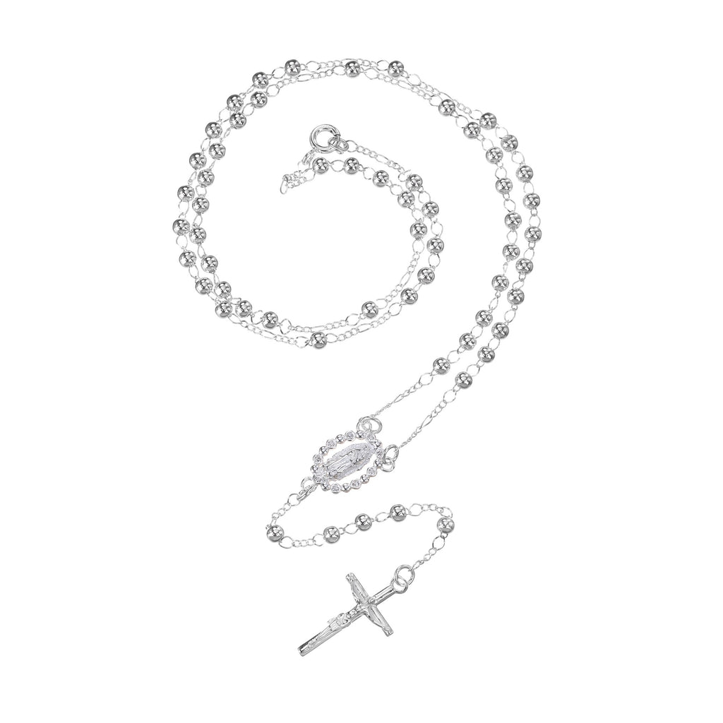 Rosario de Virgen de Guadalupe con circonia blanca 3mm en plateado