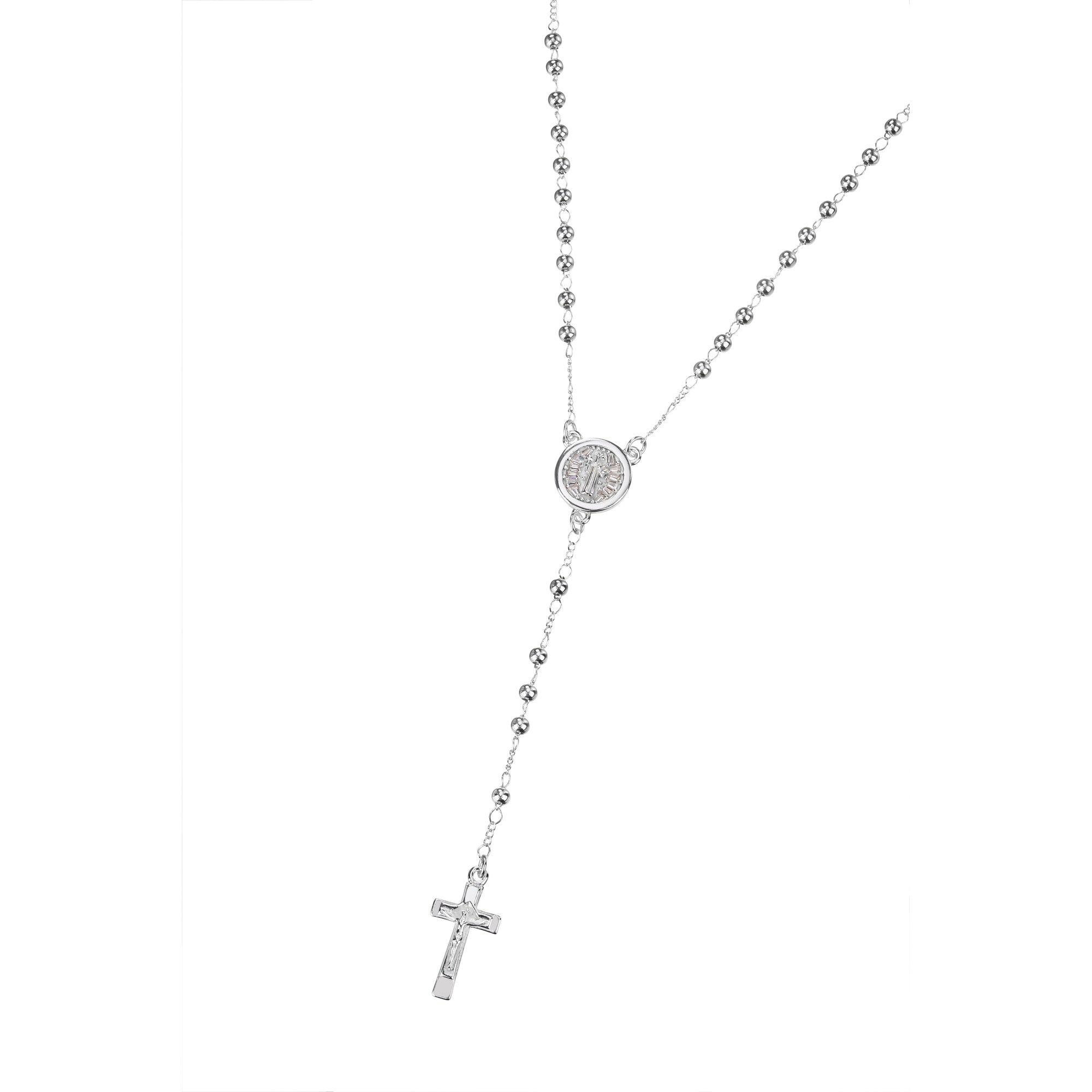 Rosario de San Benito con circonia blanca 3mm en plateado