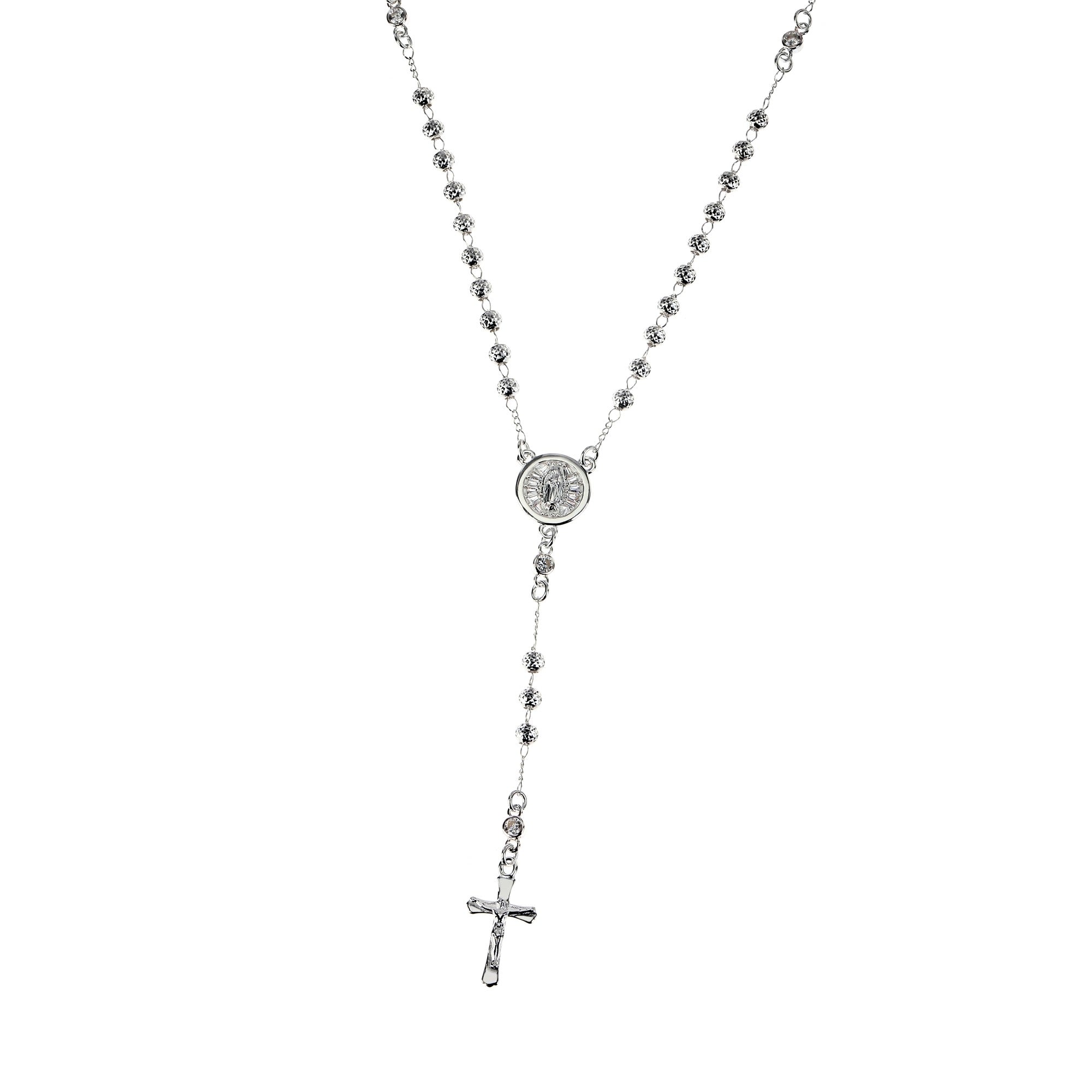 Rosario Virgen de Guadalupe con circonia blanca en plateado